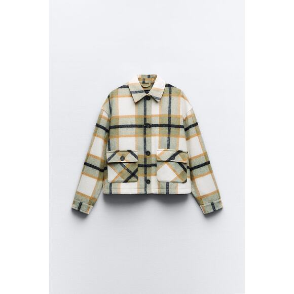 Women's ZARA Patch Pocket Plaid Overshirt (Ecru Green S) - Picture 2 of 7